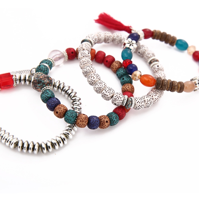 Set 4 Vòng Tay Hạt Đá Núi Lửa / Tua Rua Nhiều Lớp Phong Cách Bohemian Thời Trang Cho Nam Và Nữ