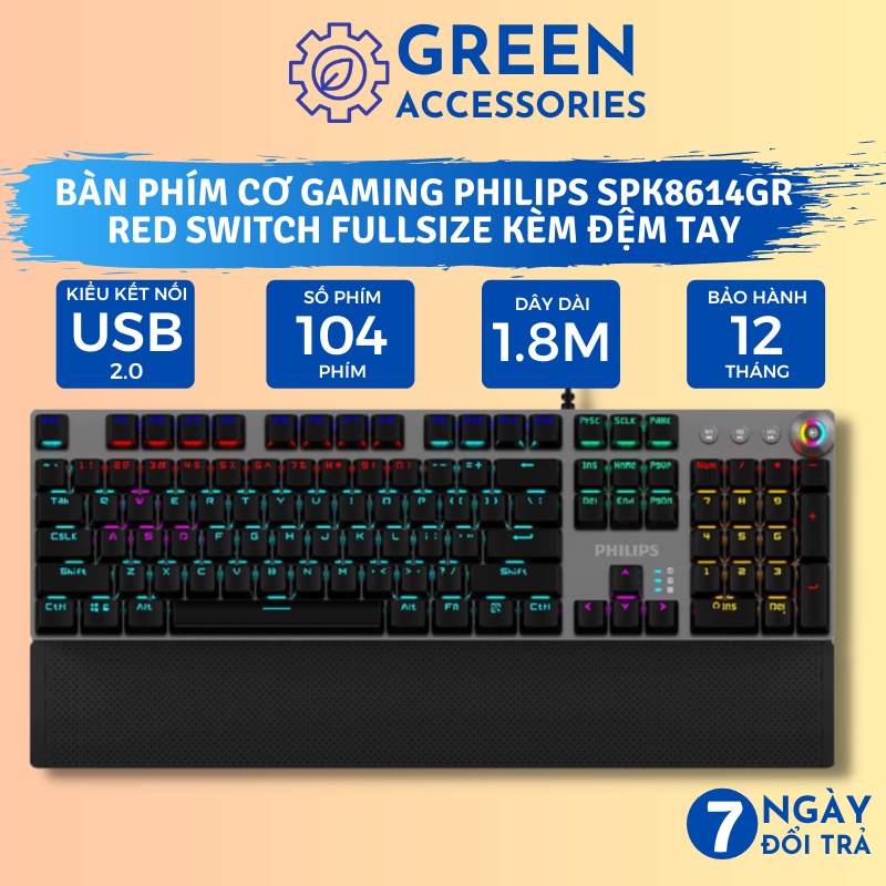 Bàn Phím Cơ Philips SPK-8614GR/00 Rainbow Gaming Red Switch (Bạc) - Có đệm tay Bảo hành chính hãng 12 tháng.