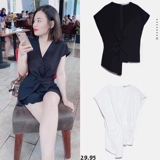 Áo xoắn eo lệch vạt 2m đen trắng