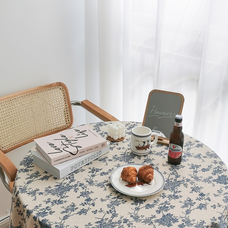 Khăn, thảm trải bàn hoạ tiết hoa xanh vintage phong cách Bắc Âu vải canvas