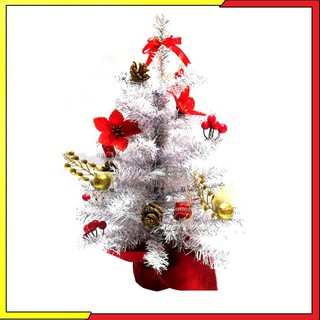 Cây Thông Noel Mini Để Bàn 60Cm Màu Trắng Bạc Trang Trí Đế Nhựa Bọc Vải Đỏ