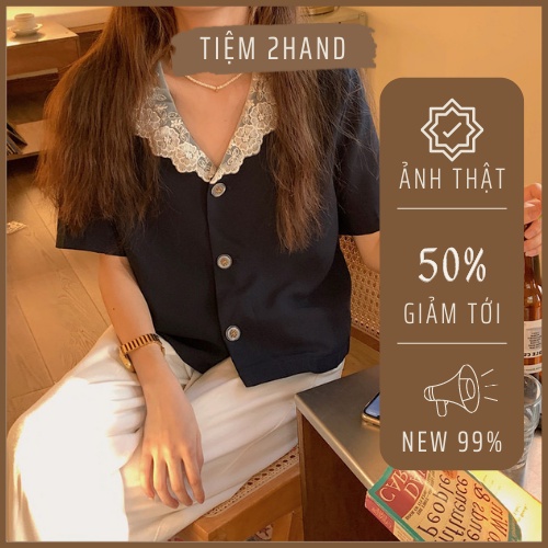 Áo voan tiểu thư cổ V phối cổ ren trắng, áo vintage ngắn tay màu xanh đen đính đá sang chảnh - Tiệm 2Hand