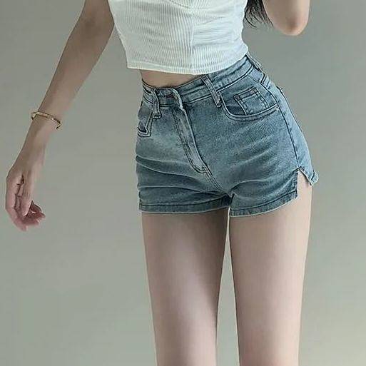 Light Blue Split Denim Shorts Women's Hot Girl Summer New High Waist Slimming and Tight Stretch All-Matching A- line Hot Pants Tide