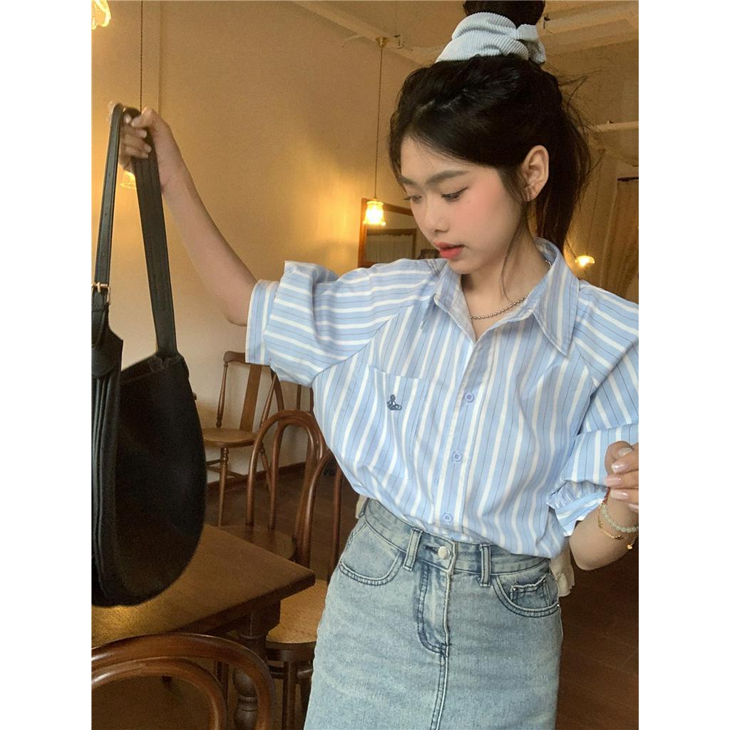Áo Sơ Mi Kẻ Sọc Dáng Rộng Ngắn Tay Thời Trang Cao Cấp 64236