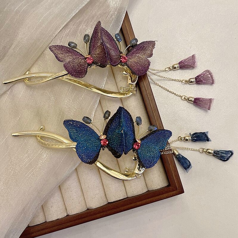 Kẹp Tóc Hình Bướm Thêu Màu Xanh Dương / Tím Thời Trang Cho Nữ