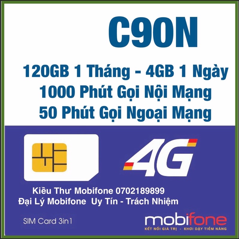 Sim Mobifone Gói C90N 120gb 1 Tháng 1000 phút gọi nội 50 phút gọi ngoại