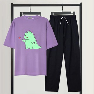 Sét Bộ Đồ Nữ Mặc Đi Chơi, Mặc Ở Nhà Mùa Hè, Áo Phông Cotton Mát Mịn In Khủng Long Kèm Quần Kaki Phong Cách Hàn Quốc