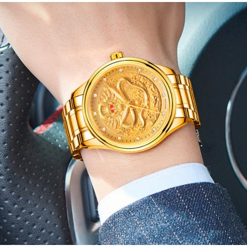 Đồng hồ nam chống nước hình rồng vàng dây thép không gỉ