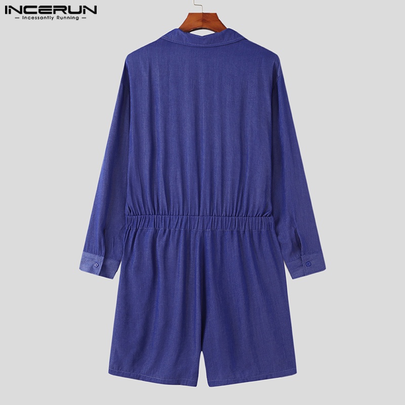 Jumpsuit INCERUN denim tay dài phối khóa kéo và nút cài phong cách Hàn Quốc thời trang cho nam