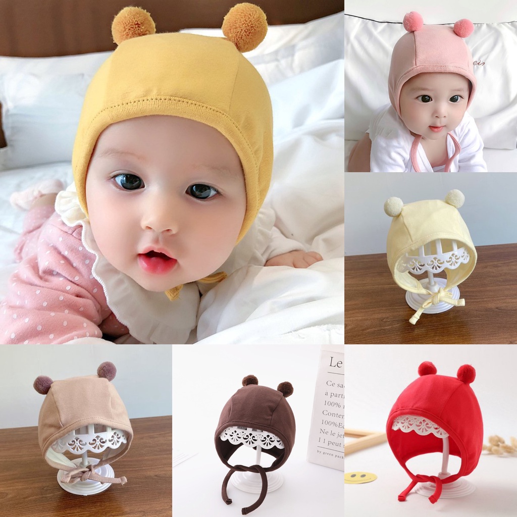 Nón vải cotton cột dây 2 cục bông hàn quốc siêu iu cho bé 0-12thang tuổi