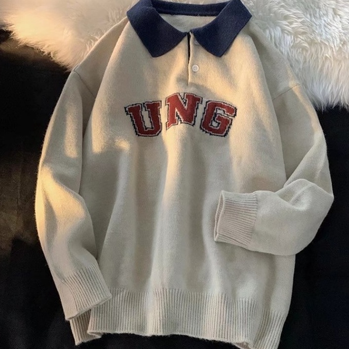 Áo sweater cổ polo dáng rộng kiểu Hàn Quốc thời trang cho các cặp đôi thời trang bông bigsize áo len unisex fashion áo nỉ sweater nam