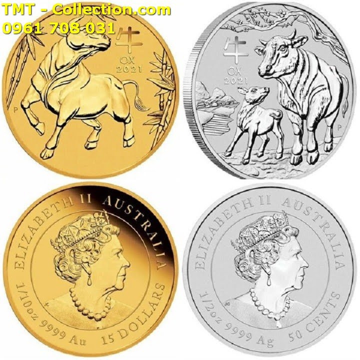 Cặp Xu Úc Hình Con Trâu Vàng Bạc Tặng Túi Gấm; Màu: bạc, vàng; Đường kính của xu là 4cm-TMT Collection - SP005029