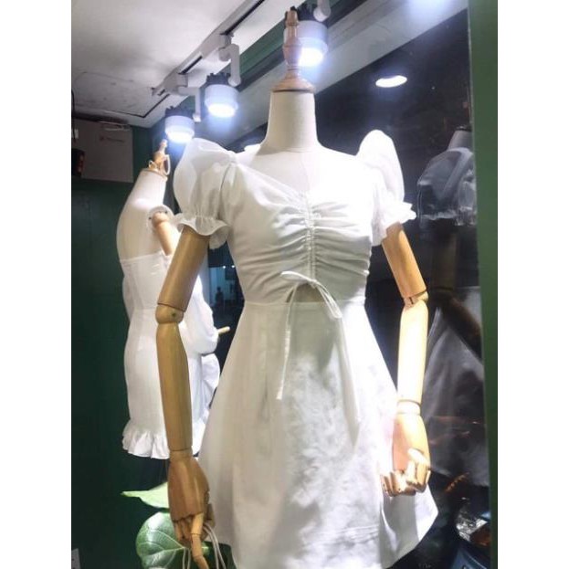 Đầm trắng Kikan Dress xoè nhẹ - đầm tay phồng có dây rút ở ngực - váy có lớp trong dày dặn ( kèm ảnh trải sàn )  ྇