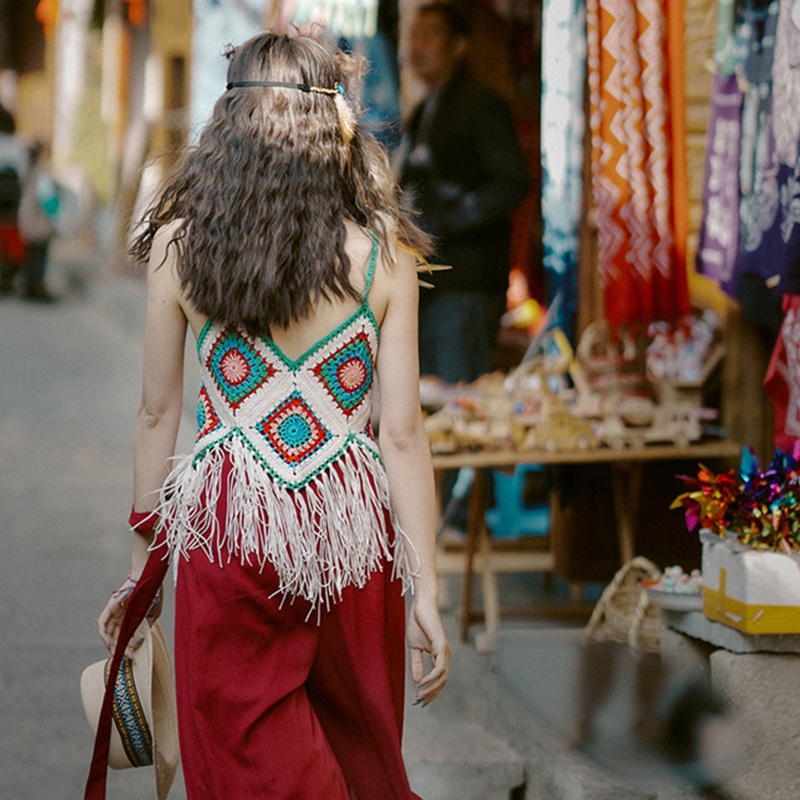 Brroa Áo Croptop Dệt Kim Hai Dây Tua Rua Viền Kim Cương Tương Phản Họa Tiết Kẻ Sọc Màu Tương Phản Phong Cách Boho Dân T