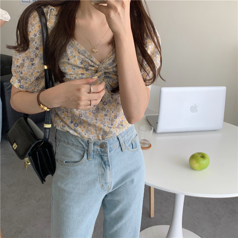 SUXI Áo Croptop Tay Phồng Cổ Vuông Họa Tiết Hoa Xinh Xắn Cho Nữ