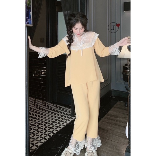 (Dưới 62kg) Đồ bộ pijama LỤA mặc nhà phối ren tiểu thư cổ vuông tay dài quần dài