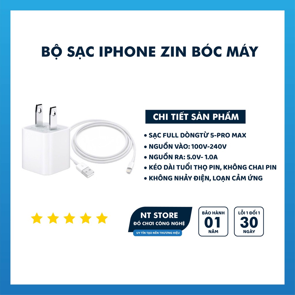 Bộ Củ Cáp Iphone Bh 12 Tháng Dây Sạc Iphone Chính Hãng Không Nóng Máy Dành Cho Dòng Ip 5/6/6s/7/8/X/Xsmax