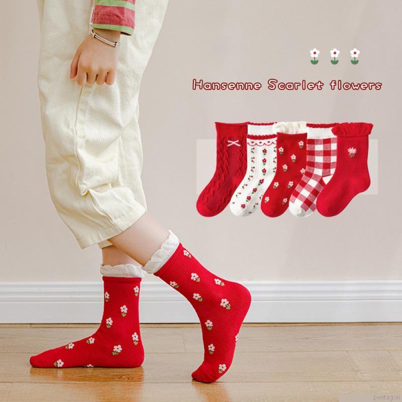 Set 5 đôi tất cotton mềm mại thoáng khí in họa tiết hoa và ca rô xinh xắn cho bé gái 1-12 tuổi