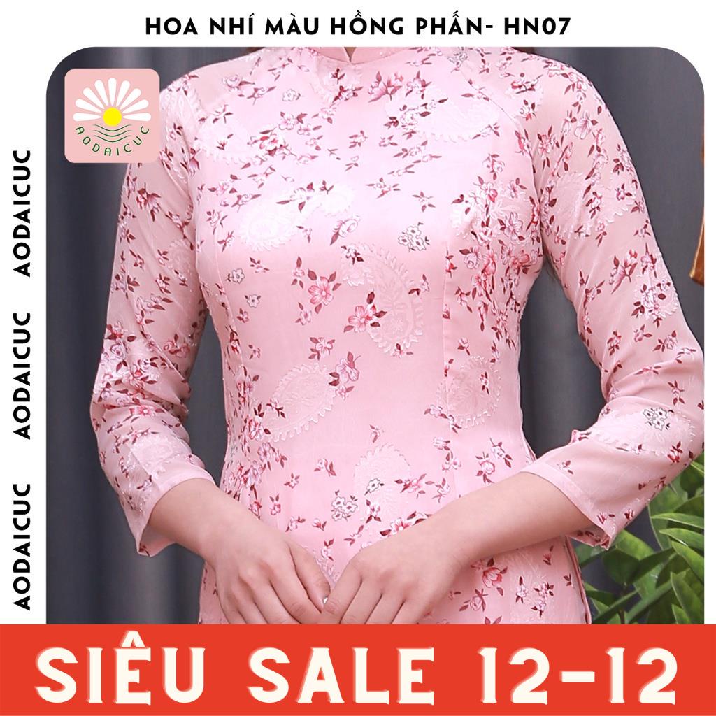 Áo dài truyền thống hoa nhí màu hồng phấn, cổ cao 3cm, tay lỡ, vải lụa cao cấp