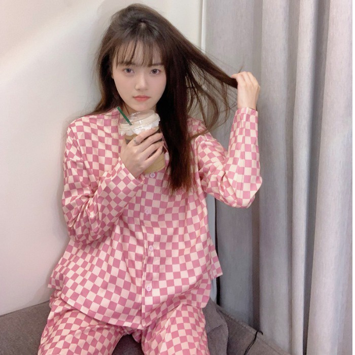ORDER RẺ NHẤT SHOPEE Bộ đồ ngủ kẻ sọc caro hồng Hàn Quốc dài tay dễ thương ngọt ngào