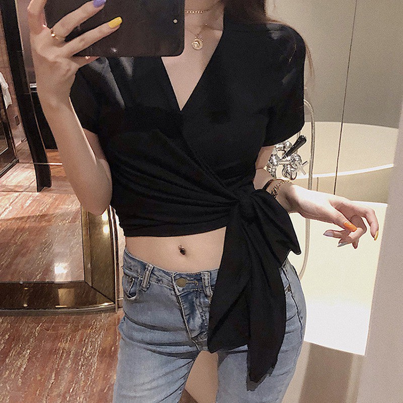 Áo thun tay ngắn cổ chữ V thiết kế hở lưng quyến rũ