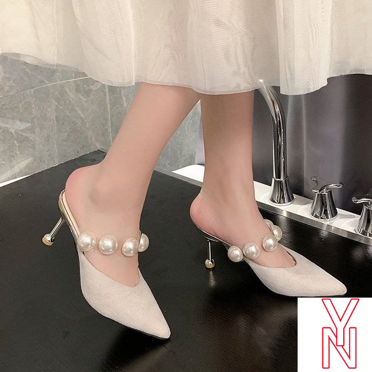 Giày Muller Cao Gót Mũi Nhọn Đính Ngọc Trai Nhân Tạo Màu Đen Thời Trang Mùa Hè Mới Cho Nữ 2021