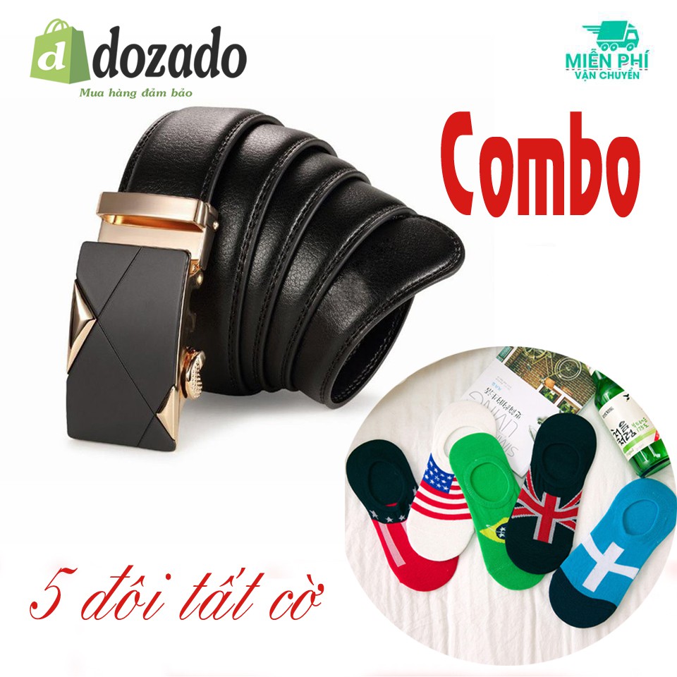 Dây lưng da nam cao cấp - Khóa tự động + 5 tất lười hình cờ Các nước