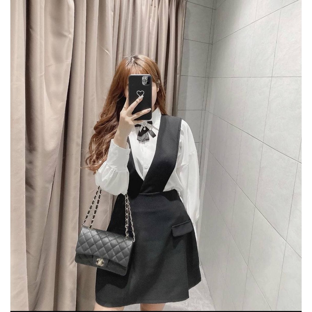 Set Áo Sơ Mi Tay Phồng + Váy Yếm Chữ A (Áo TRẮNG + Váy ĐEN) | BigBuy360 - bigbuy360.vn