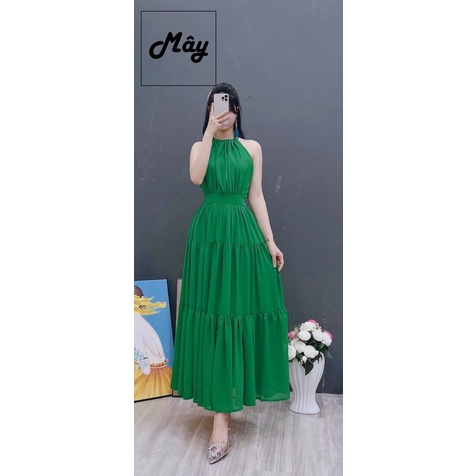 ❌Xã kho❌ Đầm maxi yếm hở lưng đi biển hai màu xanh, vàng có mút ngực