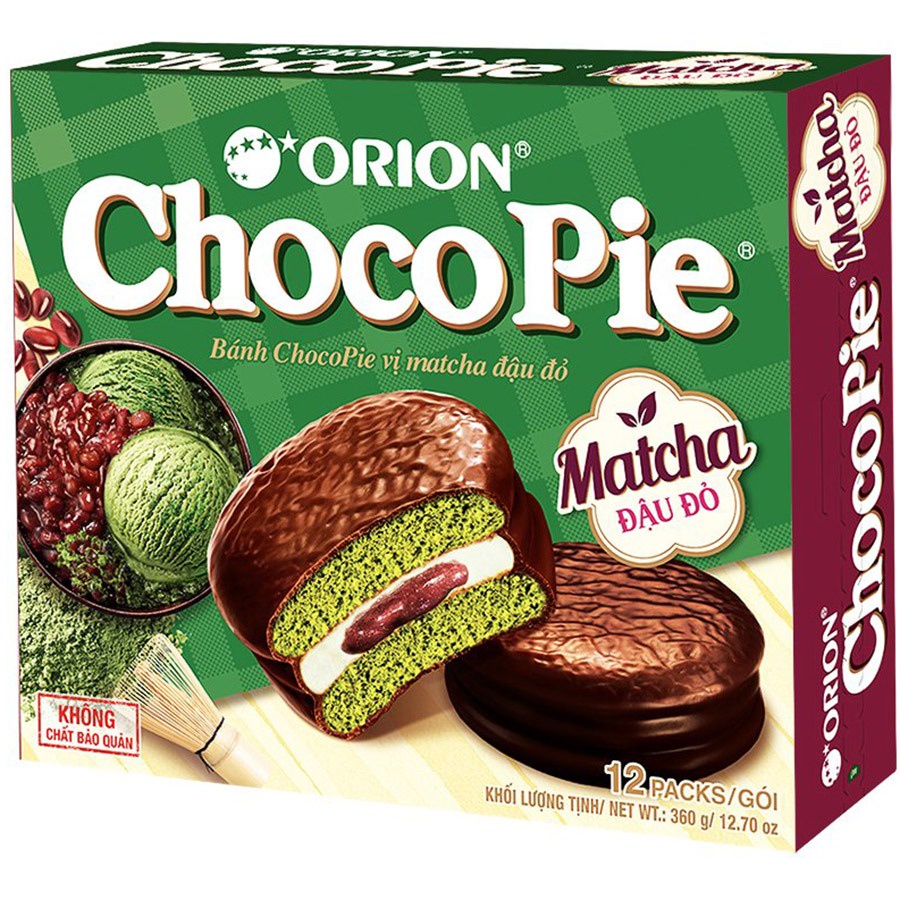 Bánh Choco Pie Orion Vị Matcha Đậu Đỏ (Hộp 12 cái)