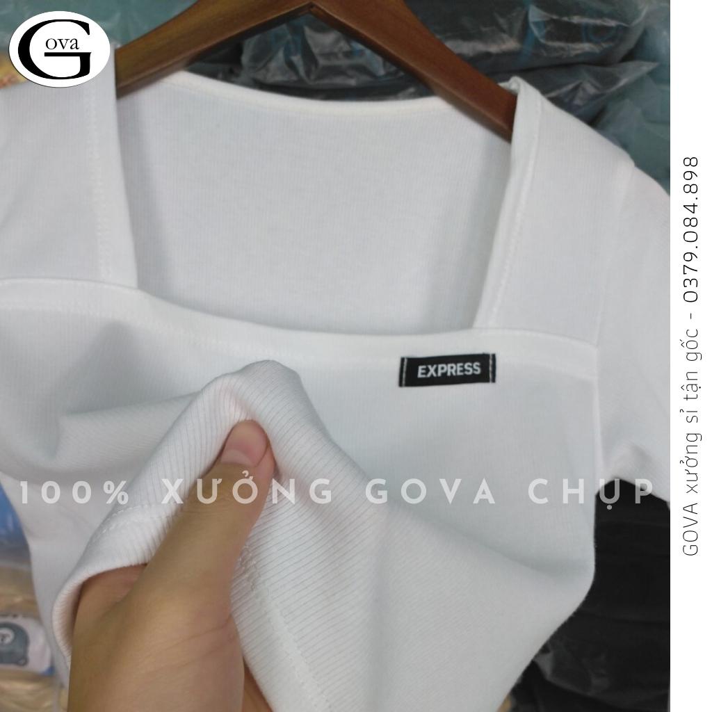 Áo Croptop GẮN LOGO CỔ VUÔNG Thun Gân Kiểu Sexy Nữ, Áo Thun Ôm Body Đẹp GOVA