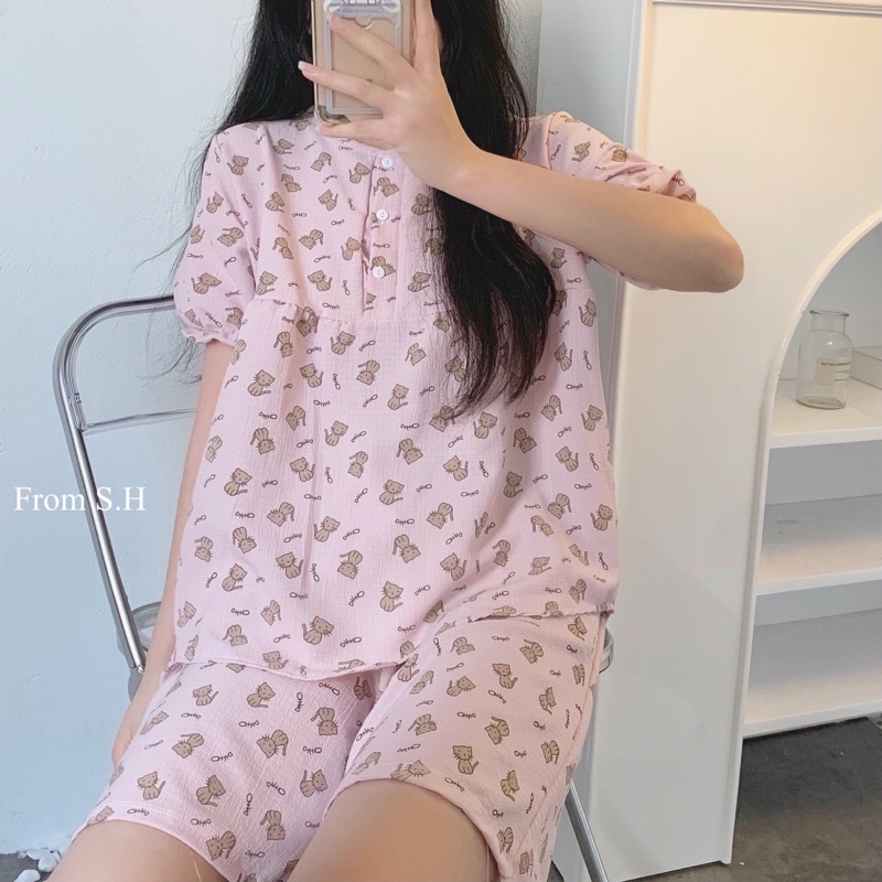 [ Ảnh thật ] Bộ ngủ pijama cộc dáng babydoll chất đũi xốp in hình cute