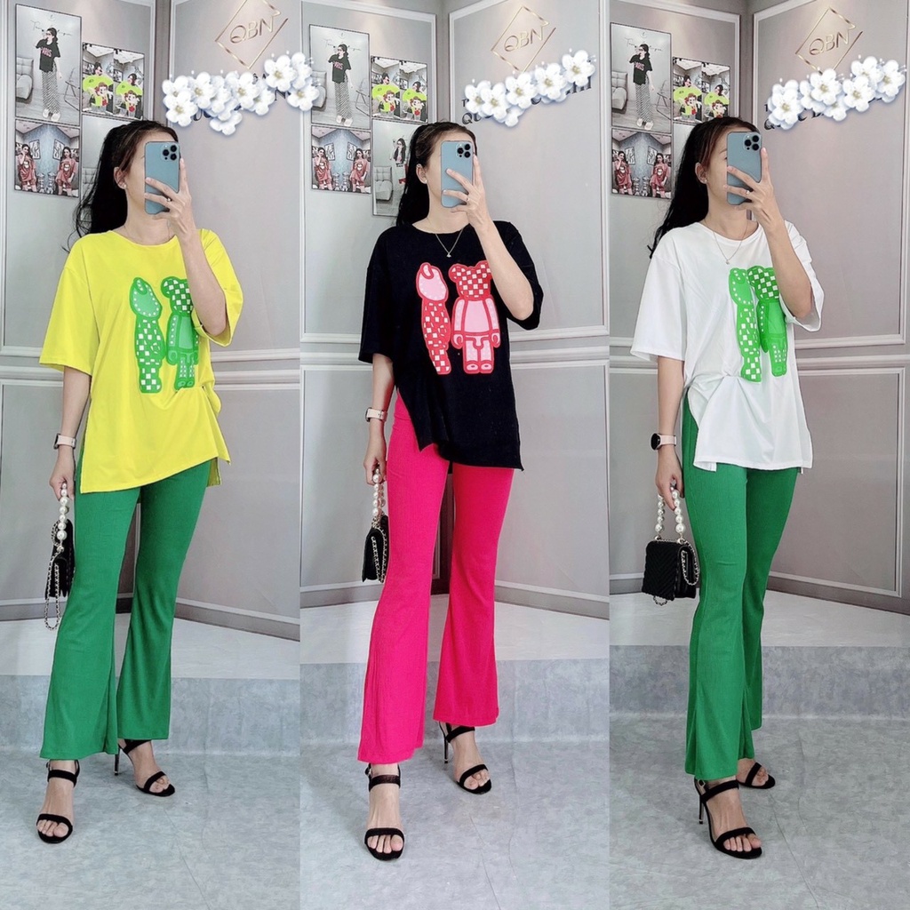 ✴Nguyên Set Đồ Bộ Quần Ống Loa Thun Gân, Áo Form Rộng Cho Nữ Mặc Nhà Cực Dễ Thương Bigsize.