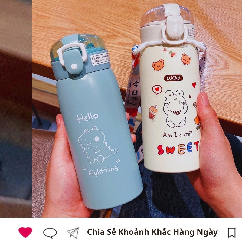 Bình Giữ Nhiệt +Túi cute dễ thương, Bình đựng nước giữ nhiệt inox 500ml có ống hút cho bé đi học - BlueStore