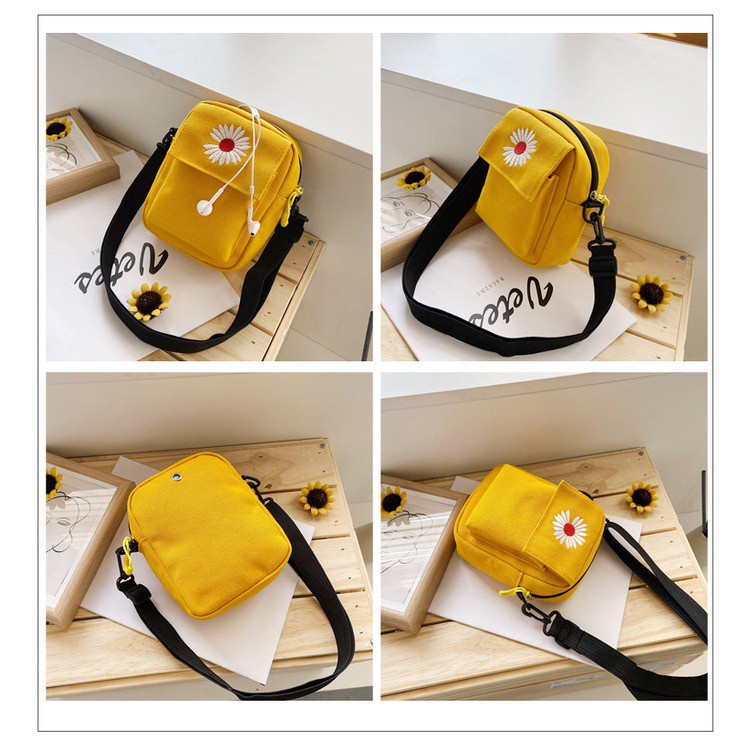 Túi Vải Canvas Đeo Chéo Vai Thêu Hình Hoa Cúc Nhỏ Xinh Thời Trang Vintage Hàn Quốc