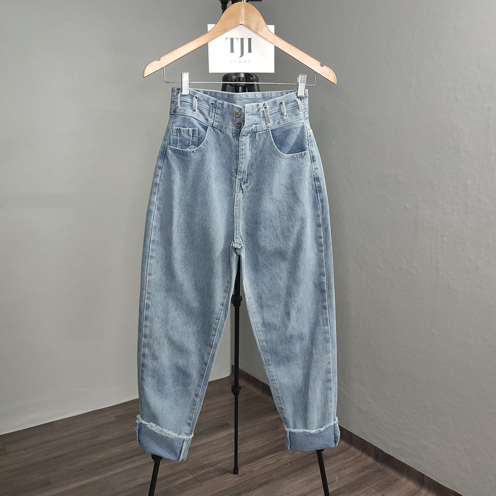 Quần Baggy jean nữ lưng cao màu xanh nhạt 2 nút 6 dây đan hottrend