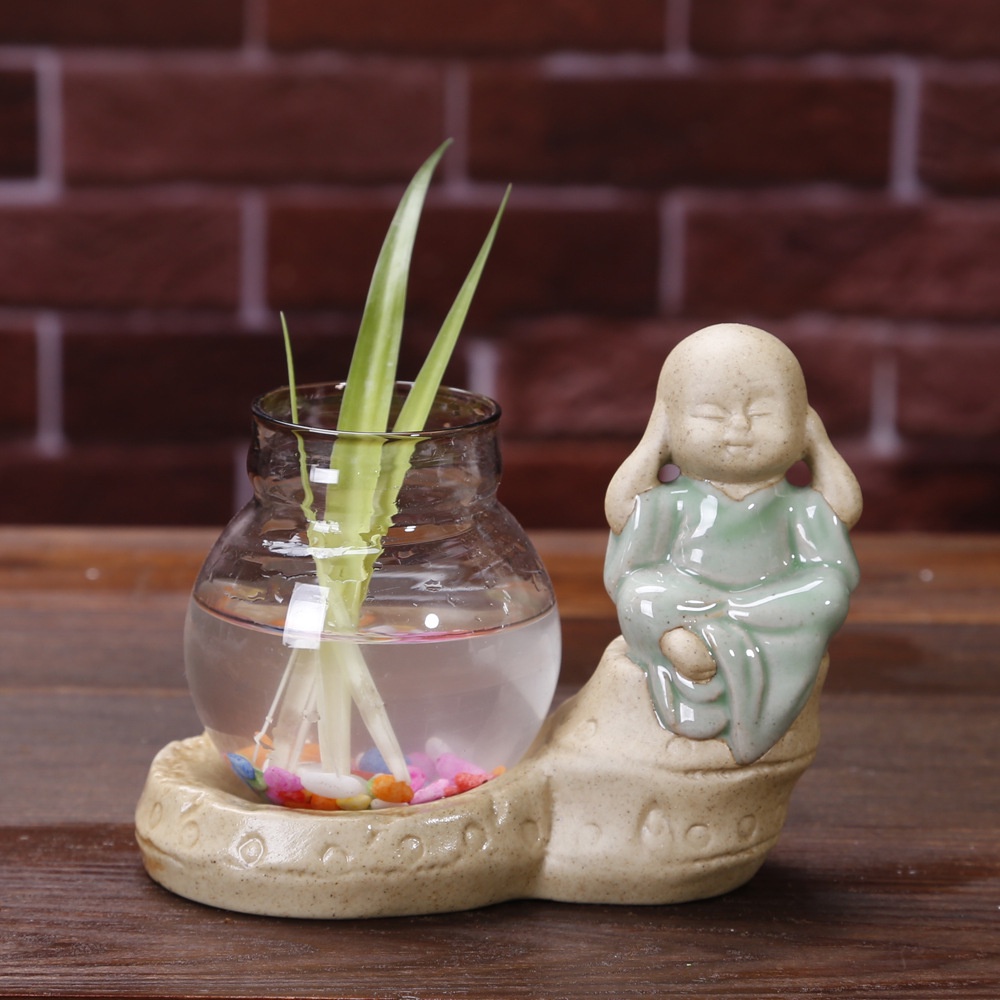 Bộ tượng 4 chú tiểu kèm lọ hoa thủy tinh, bộ 4 tượng tứ phật trang trí nhà cửa, xe oto