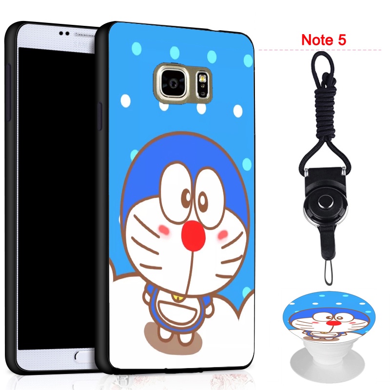 Ốp điện thoại silicon mềm hình Doraemon chống sốc chống va chạm có giá đỡ và dây đeo cho Samsung Galaxy Note 5/N9200