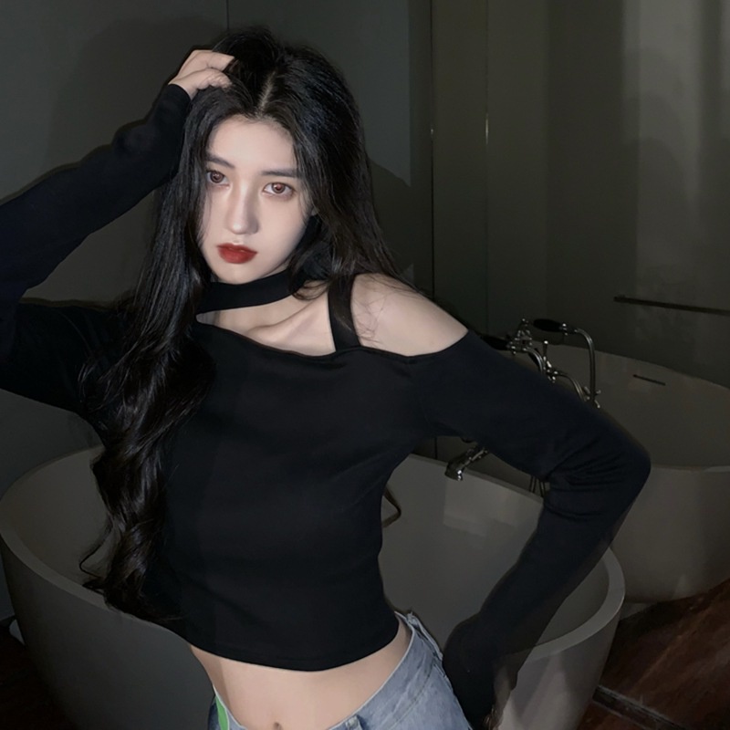 Áo Croptop Tay Dài Thiết Kế Lệch Vai Quyến Rũ Phong Cách Hàn Quốc