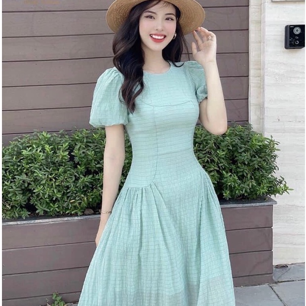 Đầm xanh ngọc pastel vải xốp tiểu thư hàng loại 1