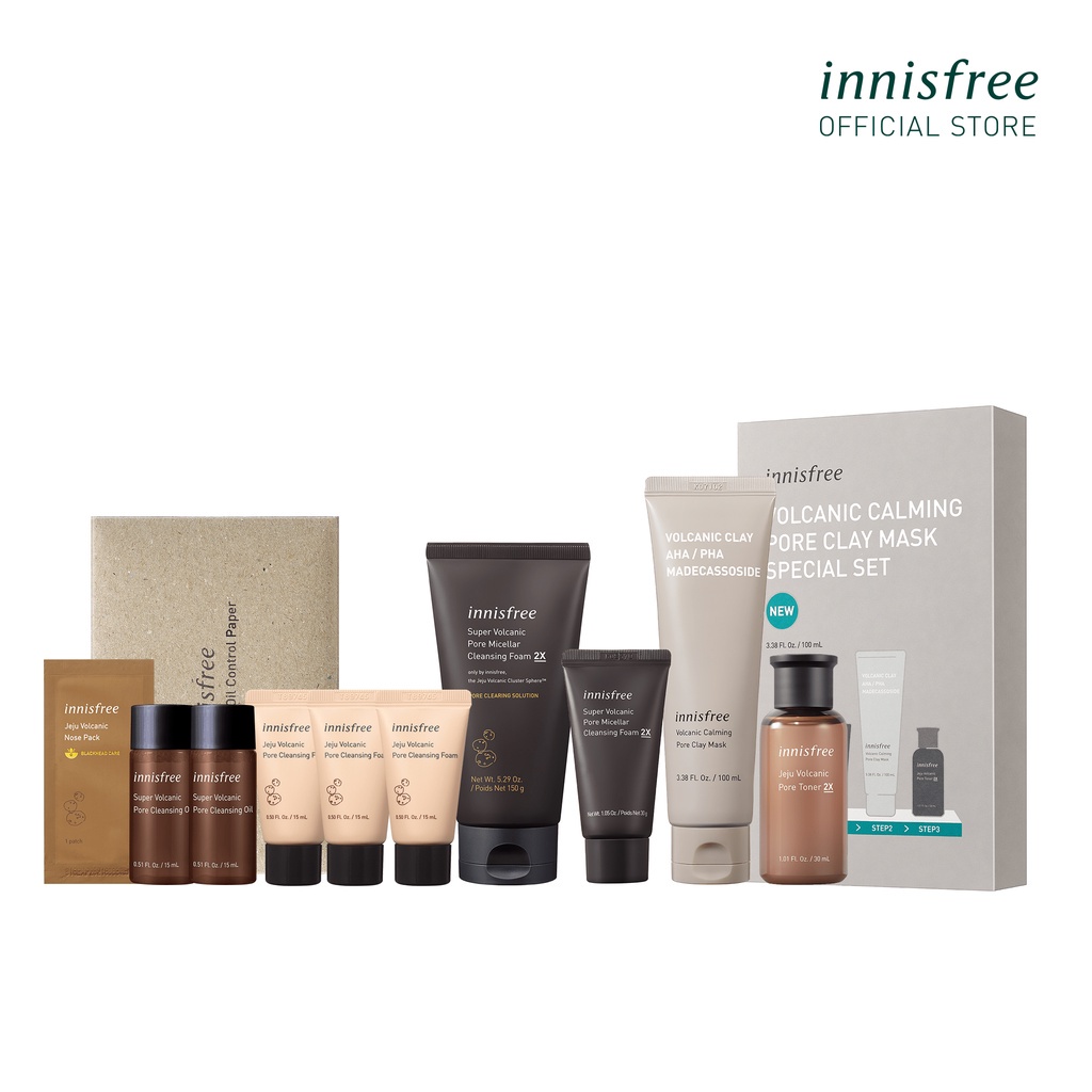 Bộ sản phẩm dưỡng da sạch sâu và chăm sóc lỗ chân lông đá tro núi lửa innisfree Volcanic Super Set