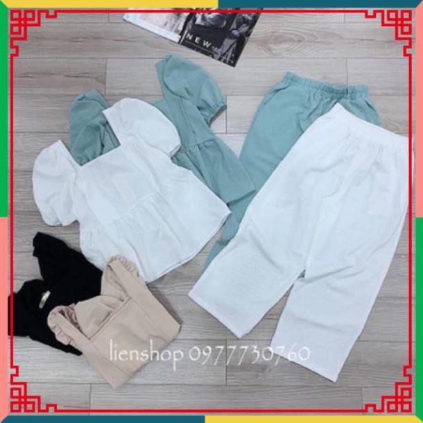 ( Nguyenngoclinh765 ) Bộ nữ đũi quần ống rộng áo cổ vuông tay phồng (  CC2016 )