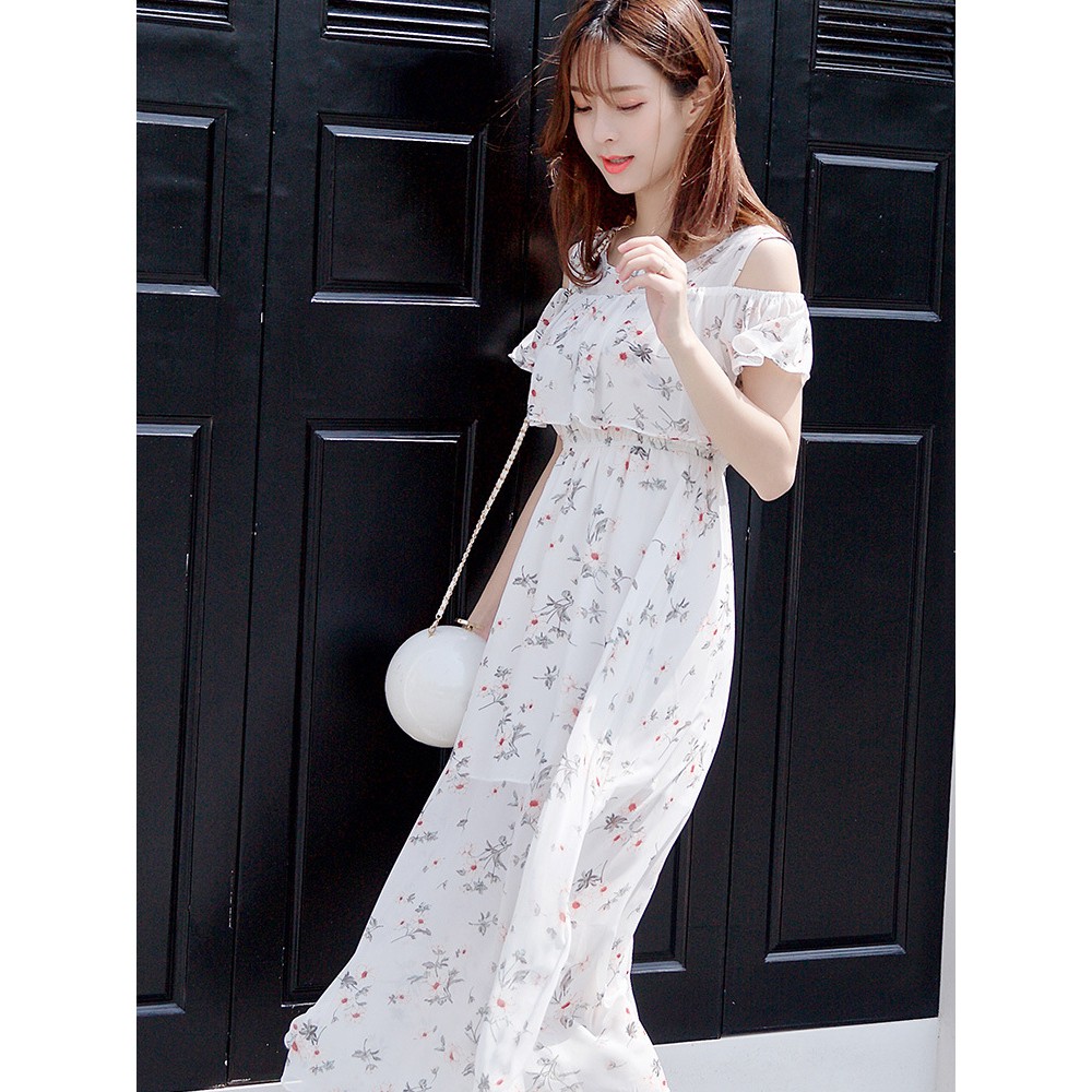 Váy maxi đi biển hở vai xoè rộng bigsize che bụng, váy đi biển liền thân hoạ tiết hoa che khuyết điểm cơ thể | BigBuy360 - bigbuy360.vn