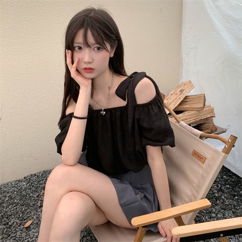 Áo Chiffon Tay Ngắn Phồng Trễ Vai Phong Cách Hàn Quốc Dành Cho Nữ