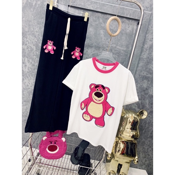 Set áo thun cotton phối viền cổ gấu thêu quần suông hình thật I9