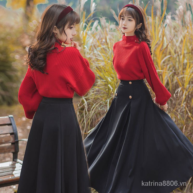 Set áo len cổ lọ dài tay + chân váy dài thời trang nữ