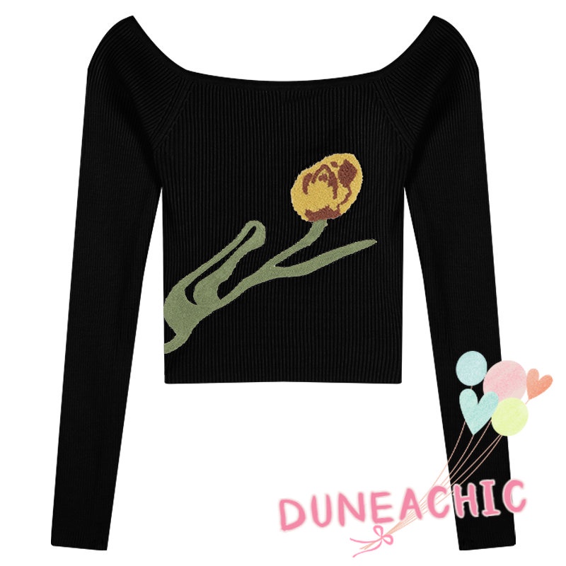 DUNEA Áo Croptop Dệt Kim Tay Dài Trễ Vai Thiết Kế Quyến Rũ Cho Nữ