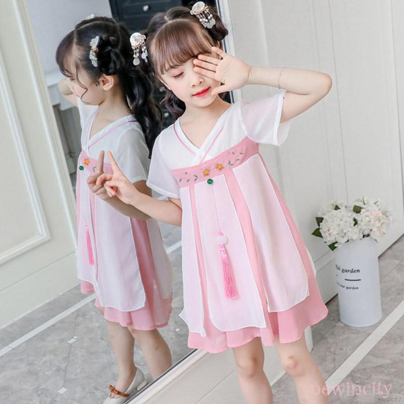 Đầm tay ngắn hoạ tiết hoa thêu phong cách Trung Quốc cho bé gái