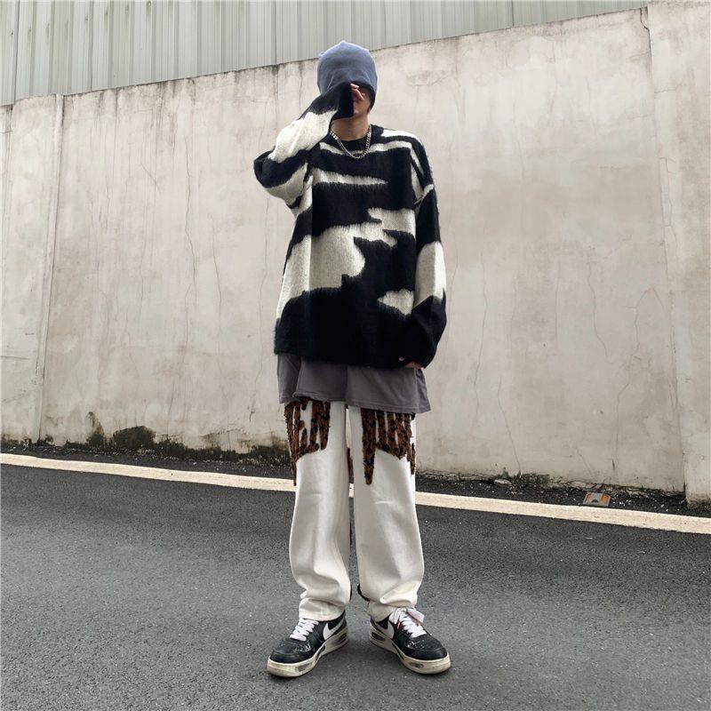 Áo Sweater Dệt Kim Dáng Rộng In Họa Tiết Ngựa Vằn Kiểu Hồng Kông Retro Thời Trang Xuân Thu Cho Nam