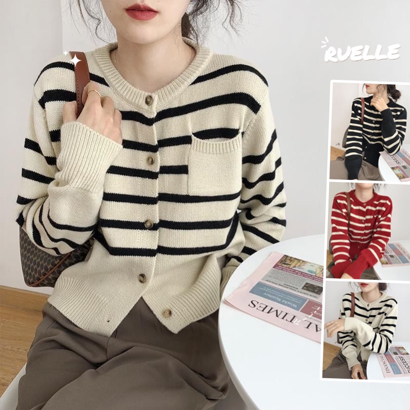 Áo khoác cardigan dáng rộng hoạ tiết sọc kẻ ngang phong cách Hàn Quốc trẻ trung cho bạn gái